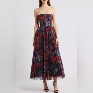 Hutch Strapless Floral Pleated Midi Dress in Red and Purple